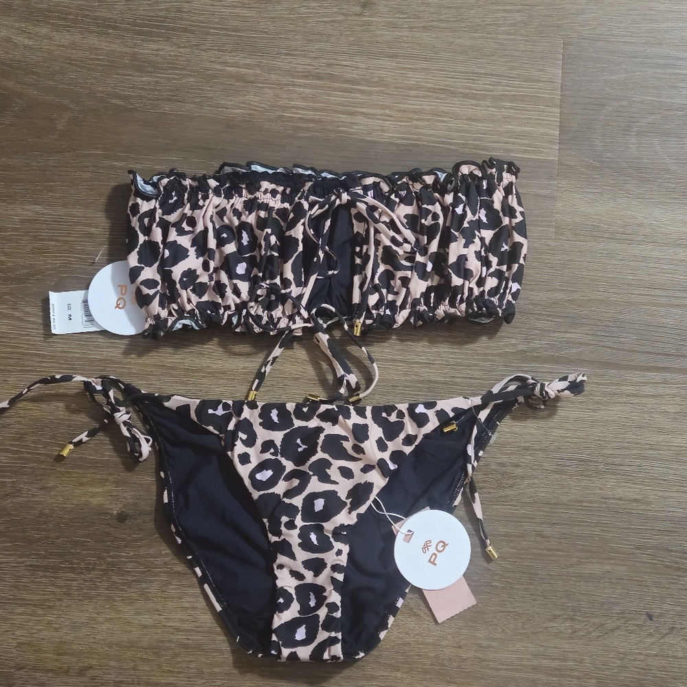 PQ Swim Nala Remi Ruched Bandeau Bikini Set Pink Animal Print Sz S - Picture 5 of 11